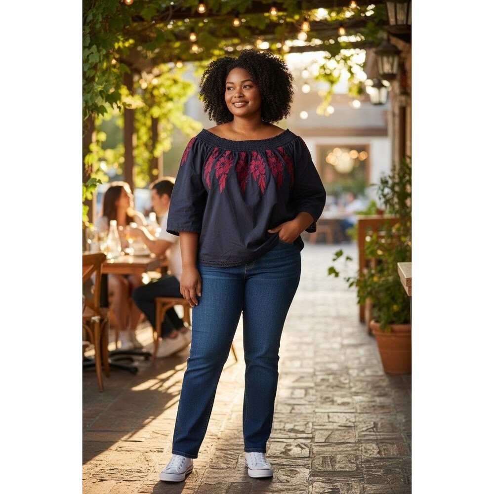 Bare Denim Embroidered Navy Blue Peasant Boho Women’s Blouse Size L Cottagecore
